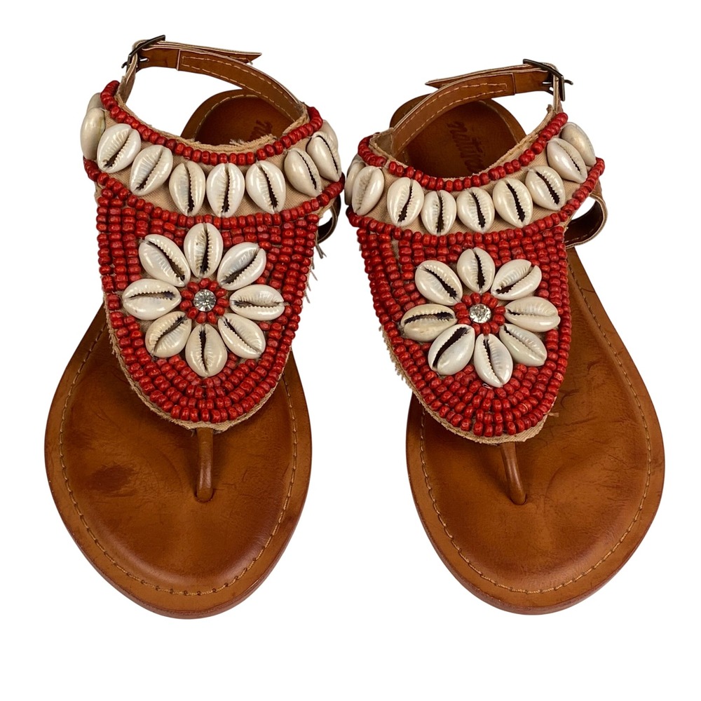 Natura Red Beaded Cowrie Shell Thong Sandals Womens 37 Boho Flat Ankle Strap WP